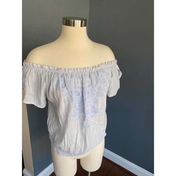 Hollister baby blue off the shoulder embroidered boho top - Picture 2 of 13